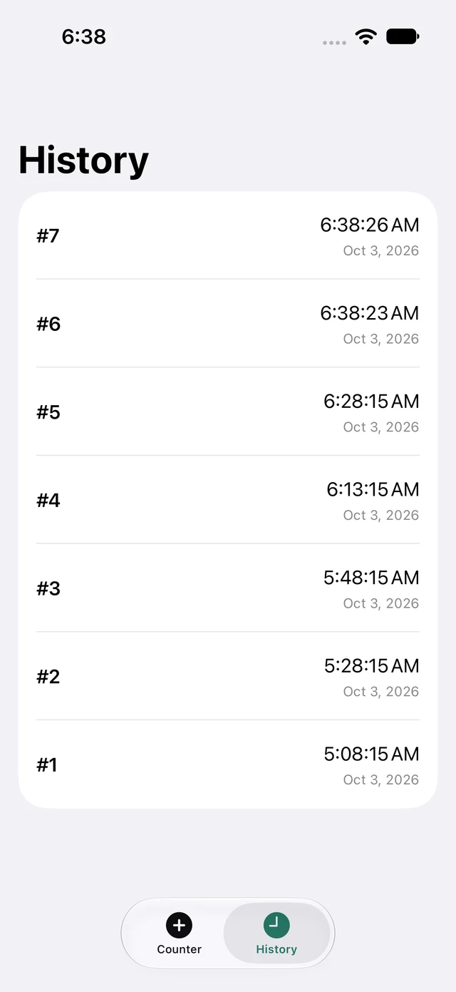 Actual Tally Counter History tab showing recorded taps