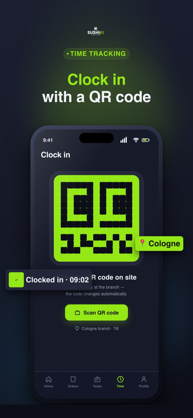 SushiKi Team app — QR clock-in